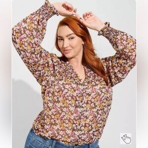 Torrid crinkle chiffon smocked Floral Blouse with Long Sleeves